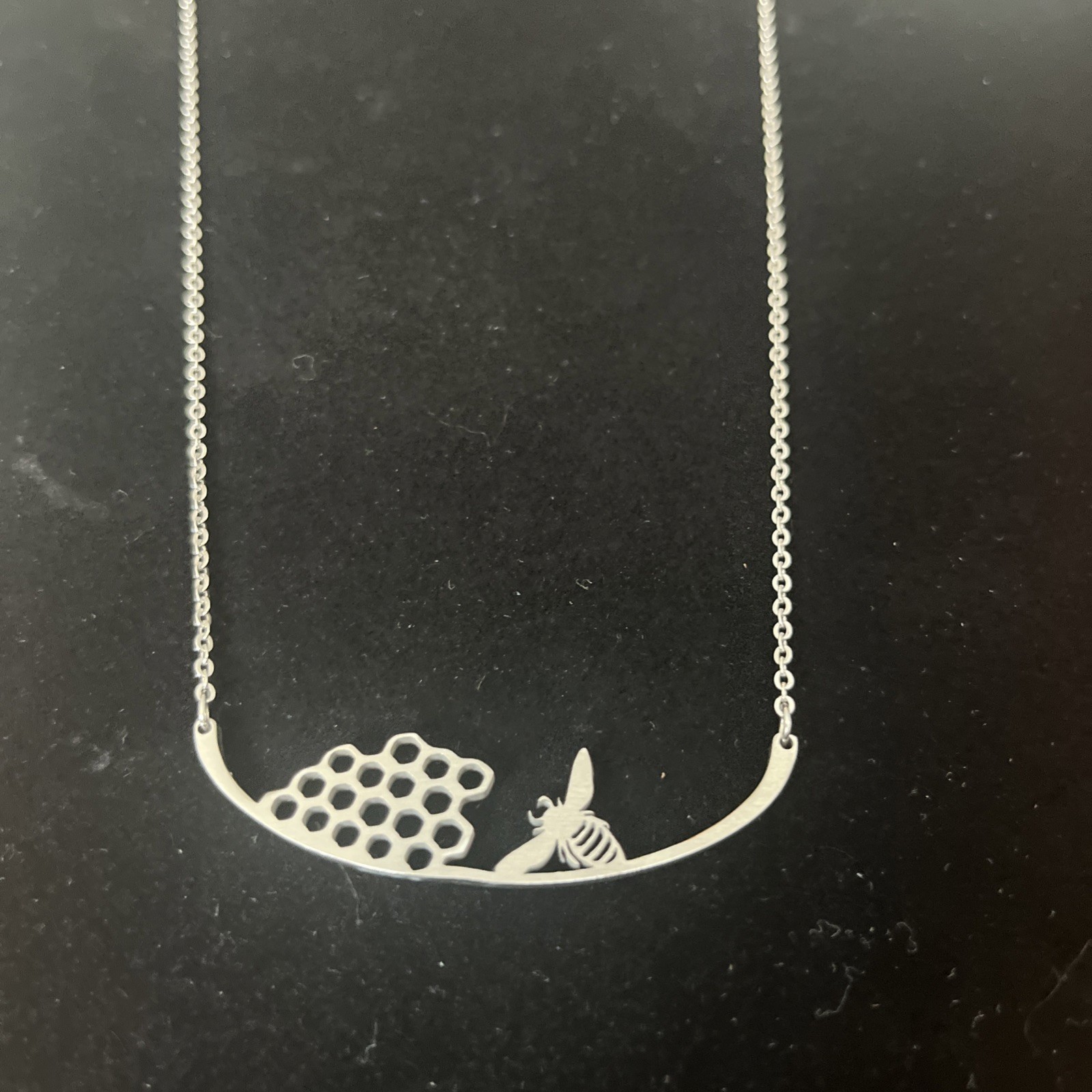 Bumblebee Honeycomb Silver tone Necklace Chain Flying Bee Honey 18” Nature