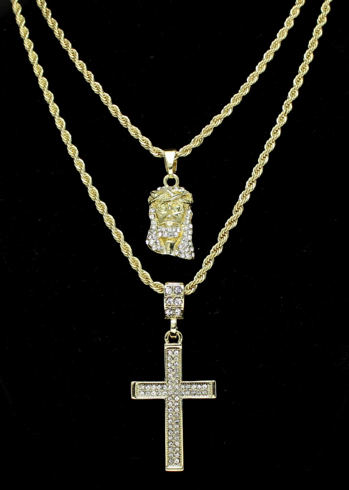 14k Gold Plated 2 pc Jesus & Cross 20″ 24″ Rope Chain Set Icy Cubic Zirconia