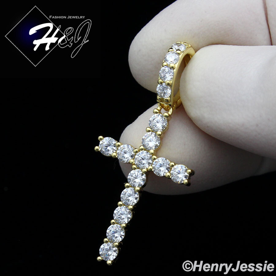 MEN WOMEN 925 STERLING SILVER ICY CUBIC ZIRCONIA GOLD PLATED CROSS PENDANT*GP276
