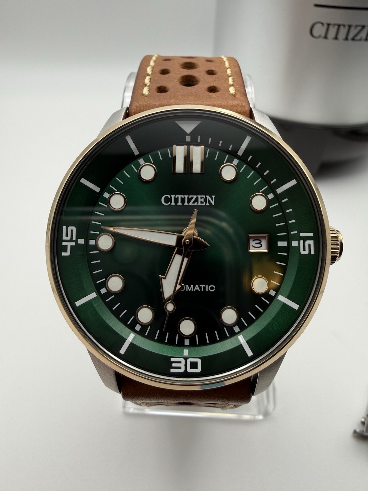 Citizen Automatic Green Dial Rose Gold Diver Style Mens Watch NJ0173-18X