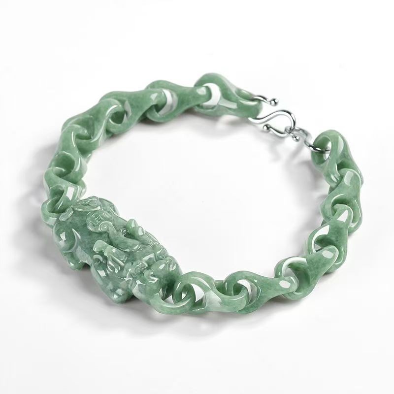 Real Grade A Natural Green Jade Jadeite PIXIU Anchor Link Bracelet 貔貅7.5-7.9inch