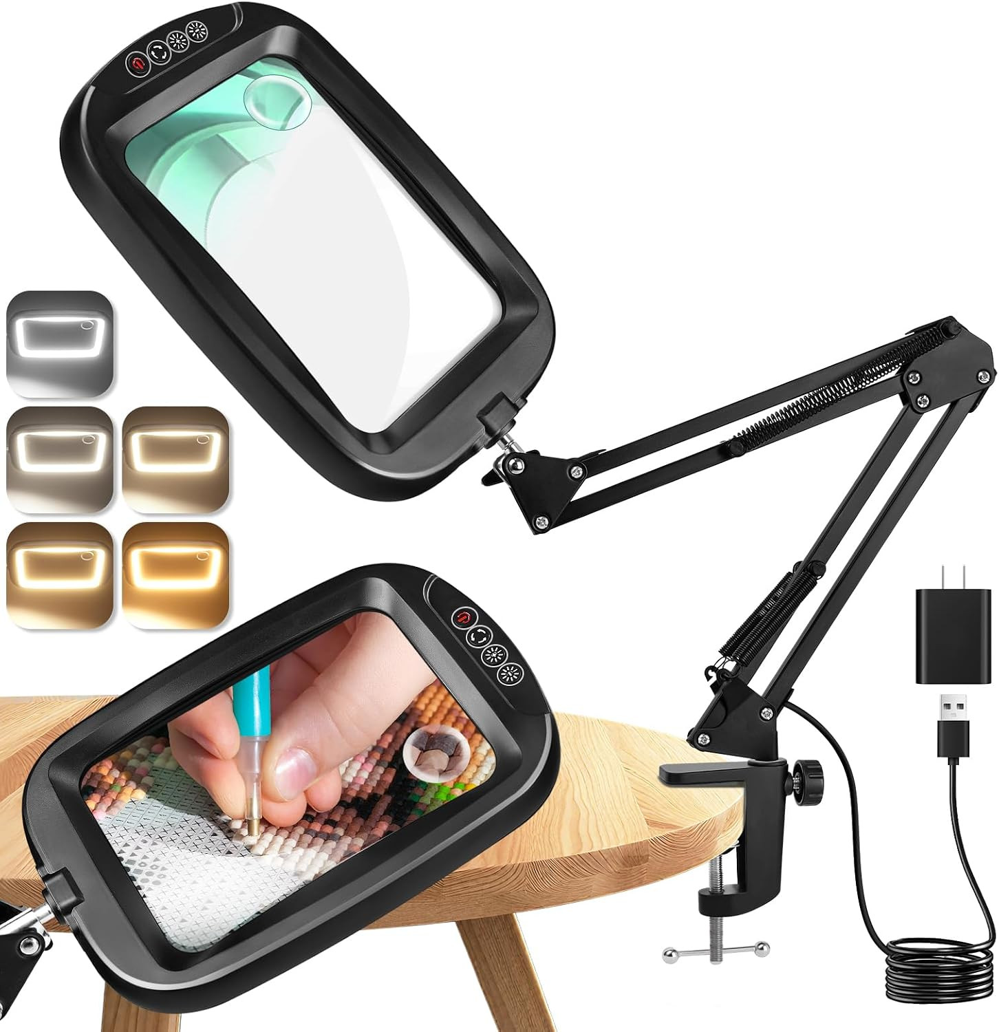 10X 30X Extra Large Magnifying Glass with Light and Clamp, Rectangle Hands Free