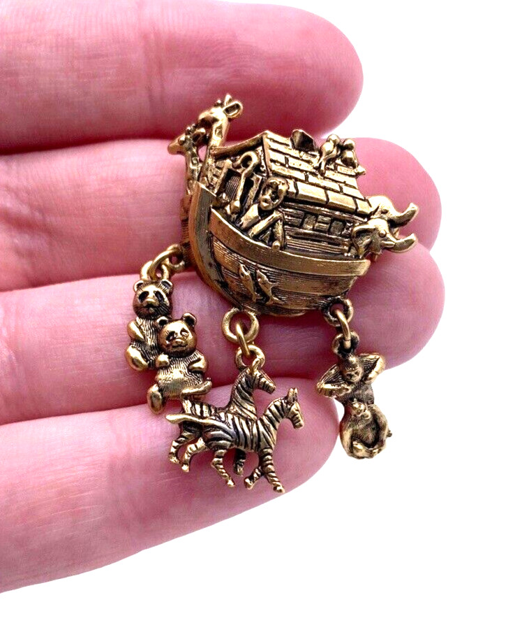 Noahs Ark Pin Brooch Dangle Charms Christian Bible Religious Brass Color Vintage