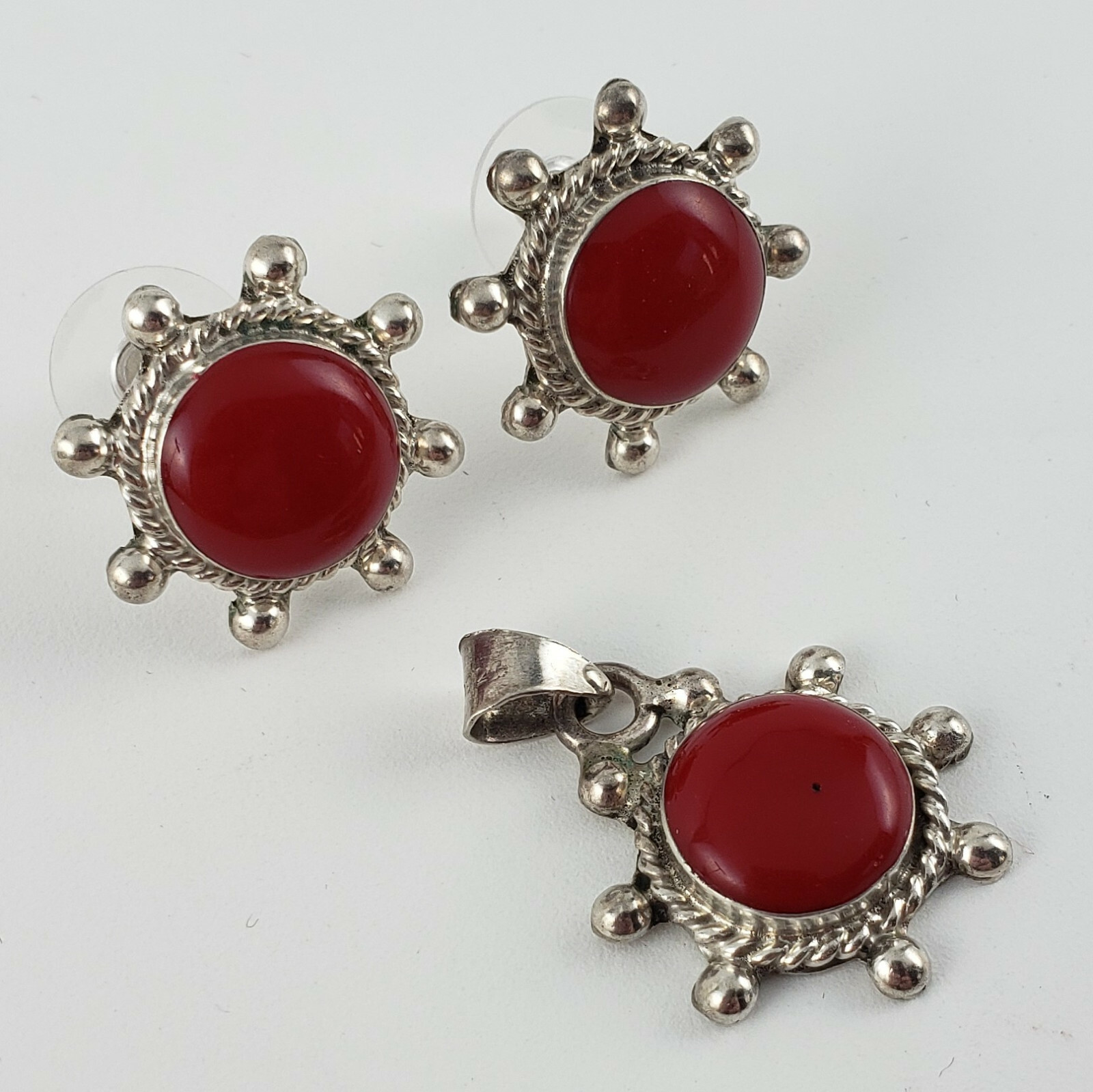 Sterling Mexican Set Earrings & Pendant with Red Simulates 12.0g [6828]