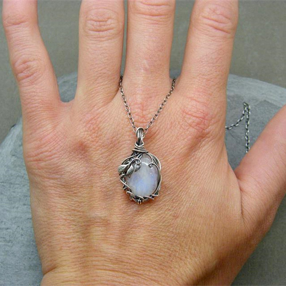 White Rainbow Moonstone Gemstone Silver Vintage Style Necklace- Pendant