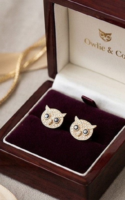 2ct Round simulated Black Diamond Owl Face Stud Earrings 14k Yellow Gold Plated