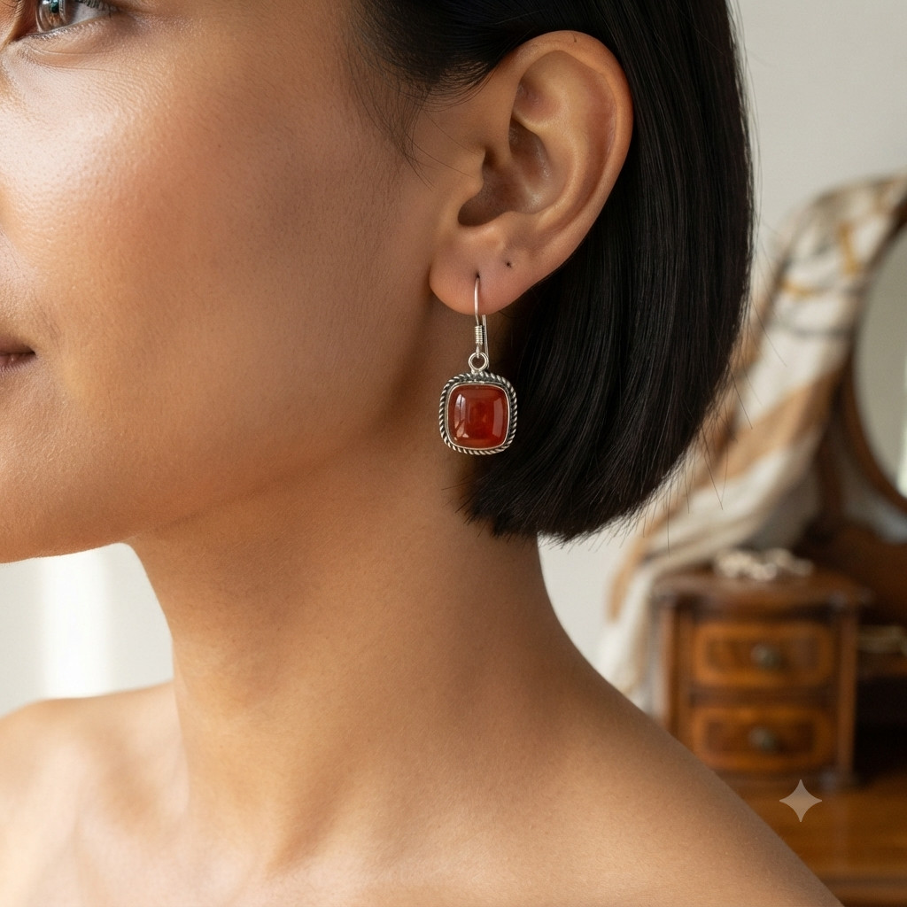 925 Silver Cushion Genuine Carnelian New Dangle Drop Mother Handcrafted Earrings