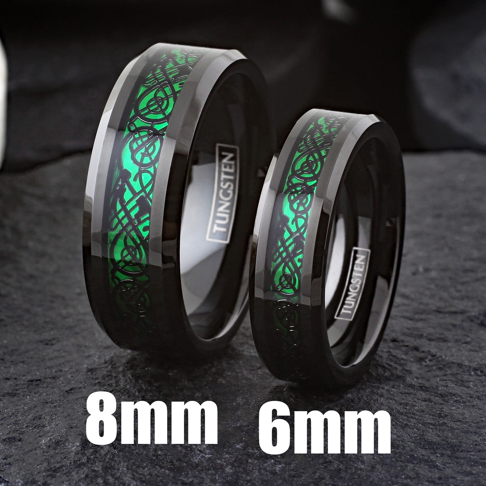 8mm Black Tungsten Carbide Men’s Ring Green Celtic Dragon Wedding Band