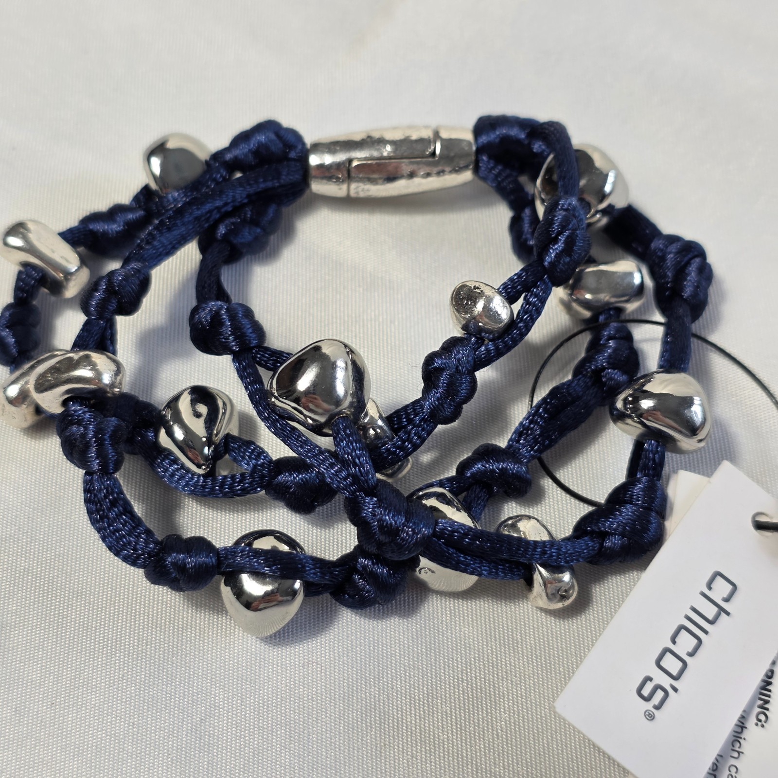Chico’s Blue Silk Cord Multi-Strand Knotted Bracelet Silver Pebble Beads NEW