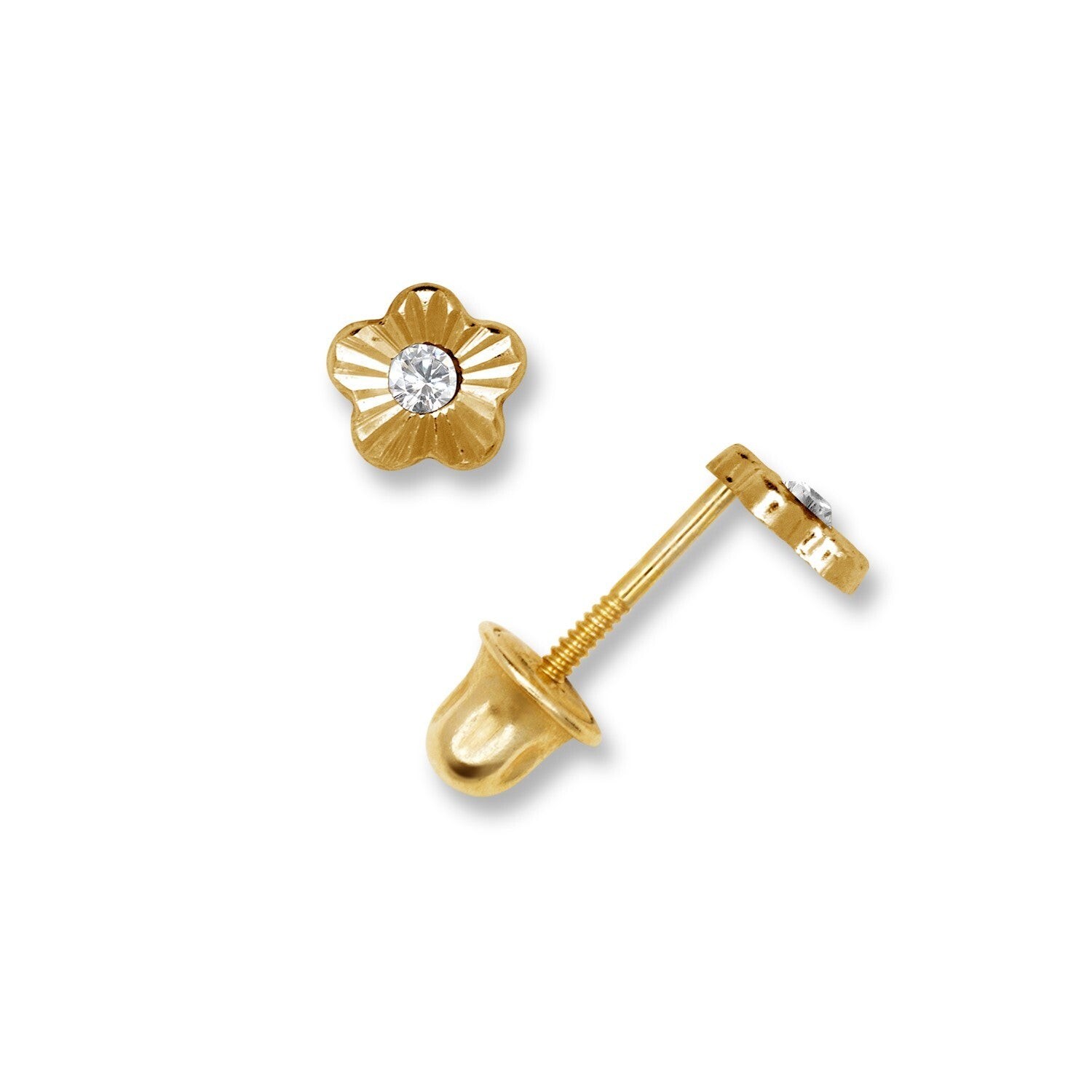 14K Yellow & White Gold Minimal Flower CZ Studs Earrings for Girls