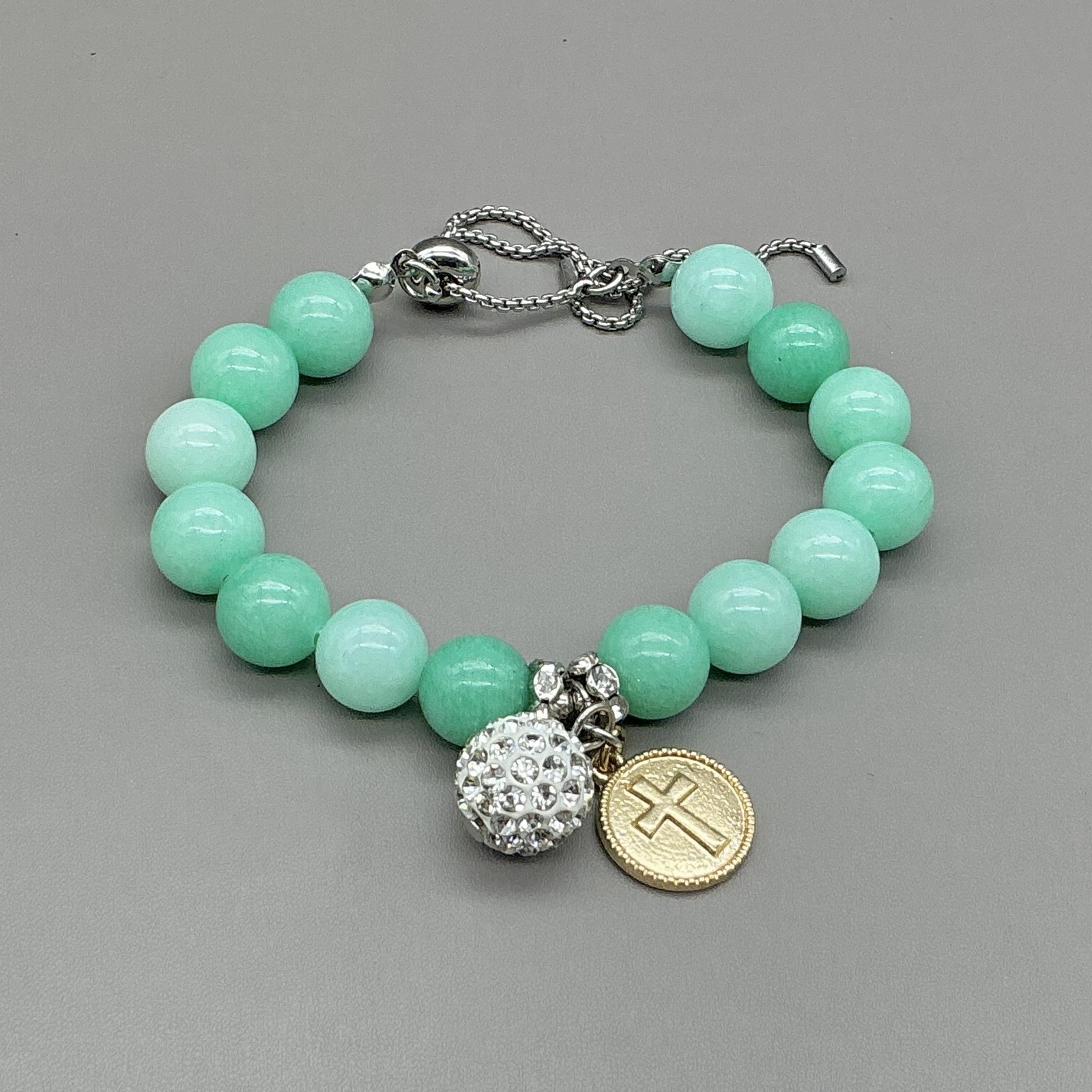 Bracelet Green Beaded Rhinestone Cross Charm Bolo Womens 6.5 In Faith Jewelry