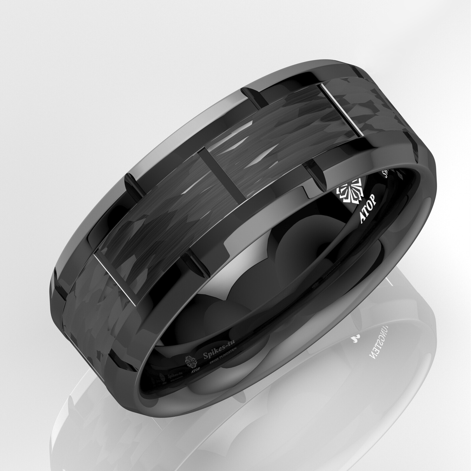 8mm Black Tungsten Ring Hammered Pattern Brushed Wedding Band ATOP Men Jewelry