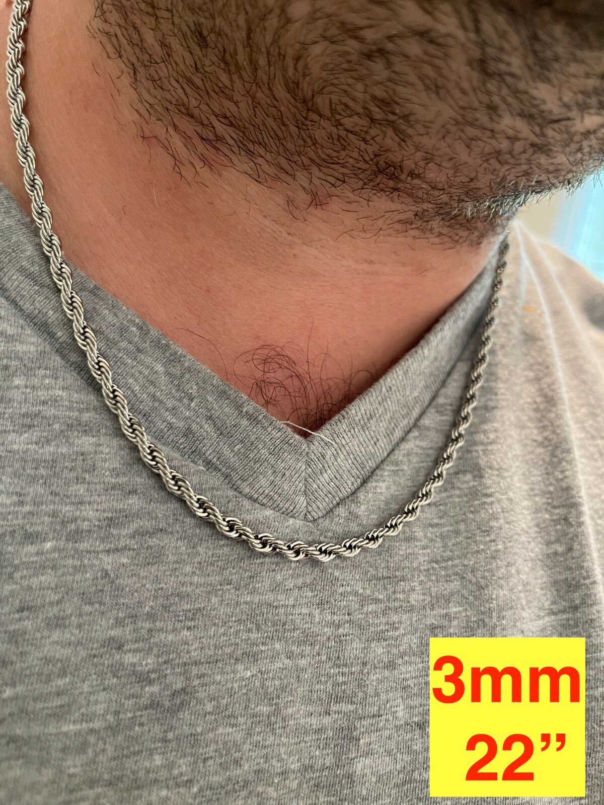 Men’s Real Solid Rope Chain Necklace Stainless Steel – Rhodium – 2mm-6mm 18-30″
