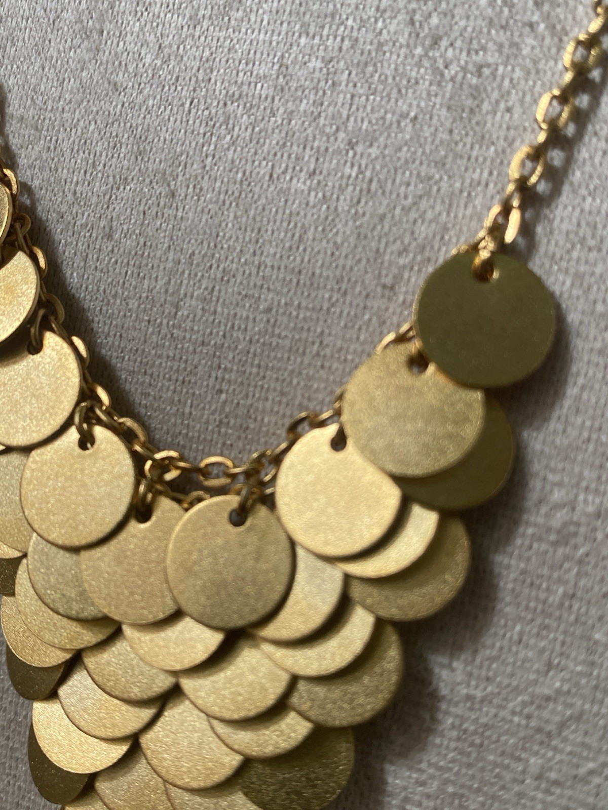 Matte Gold Disc Statement Bib Necklace Cascade Paillette Fringe Modern 16-19”