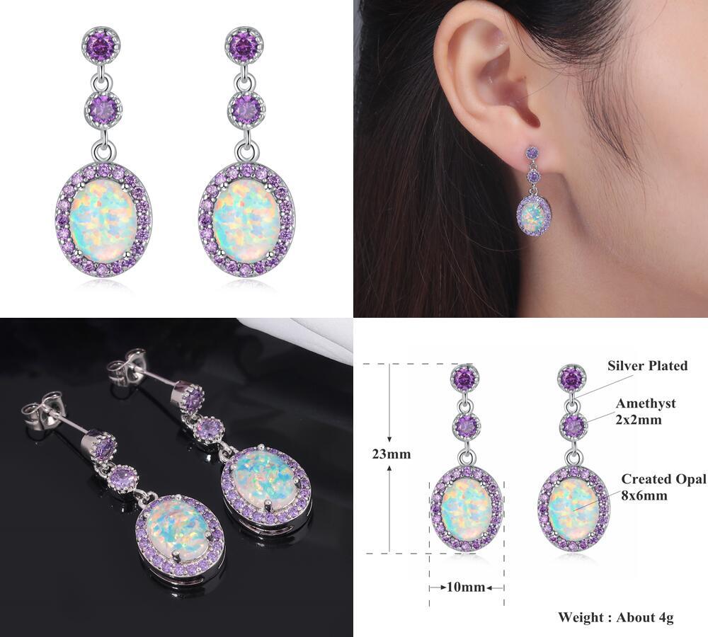 Gemstone Amethyst White Fire Opal Stud Silver Earrings 925 Silver Women Jewelry