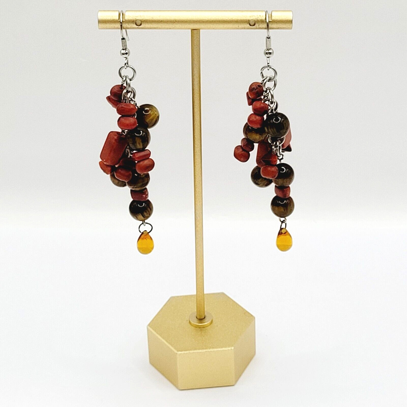 Modern Multi Shape Natural Stone Glass End Long Drop Dangle Hook Pierced Earring