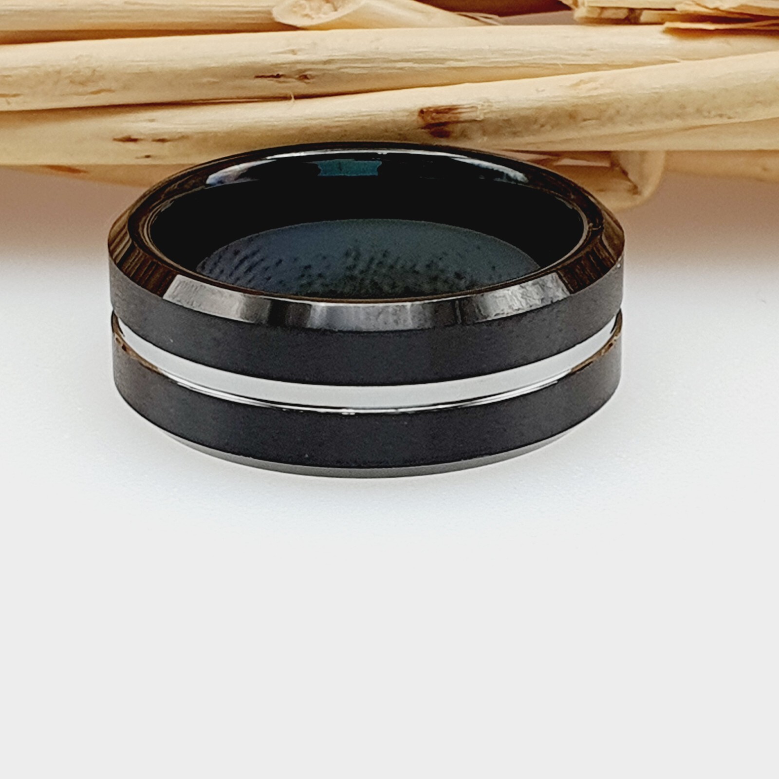 with Polished Silver inlay Men’s Wedding Band 8mm Black Brushed Tungsten Ring
