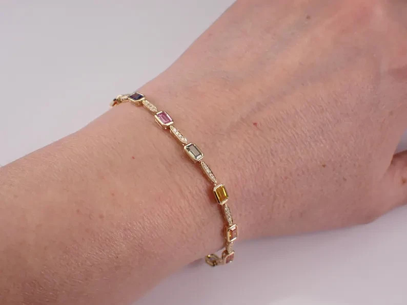 14K Yellow Gold Plated Multi Color Stones Stackable Tennis Women’s Bracelet 7″
