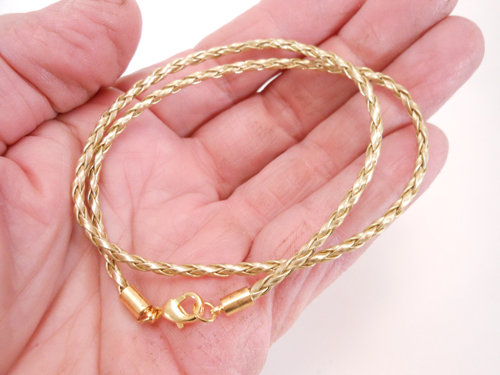 Gold Braided 3mm Leather Faux Cord Surfer Choker Necklace with Lobster Clasp