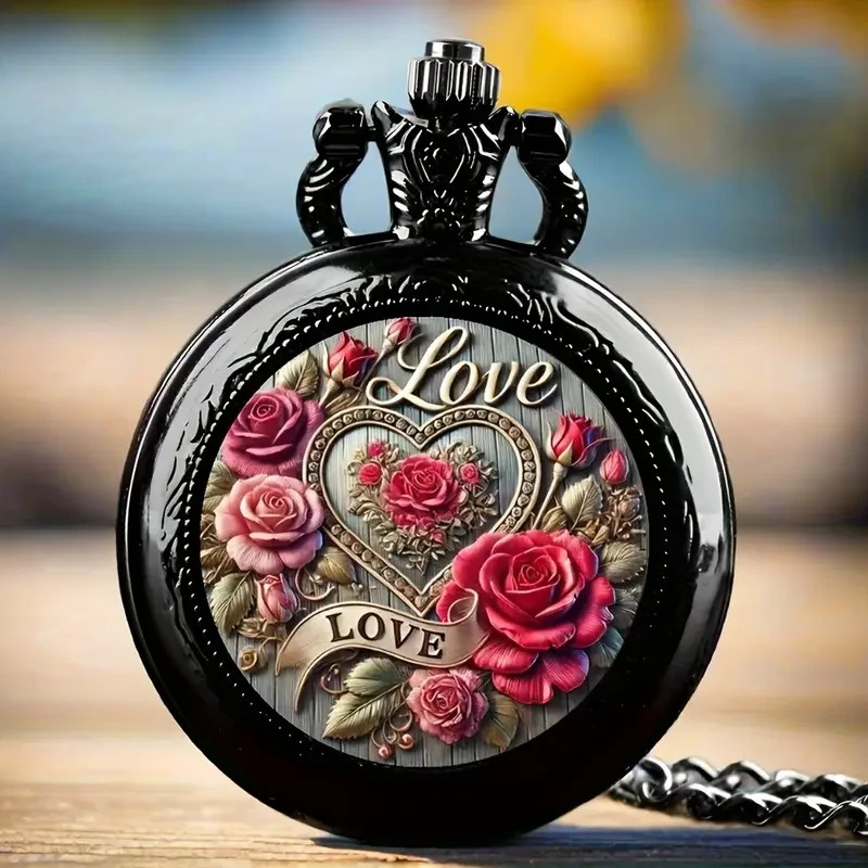 NEW 1.4″ Love & Roses Vintage-ish Quartz Pocket Watch, Black Necklace Chain .6w