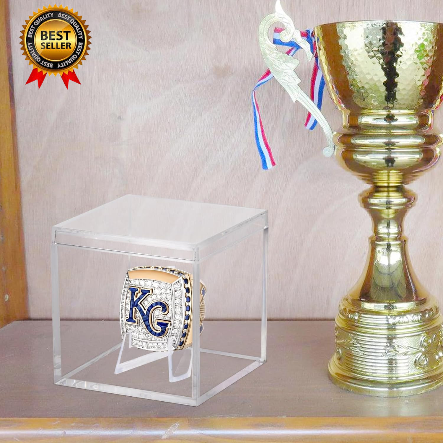 Championship Ring Display Case, Clear Acrylic Memorabilia Stand Cube Holder Dust