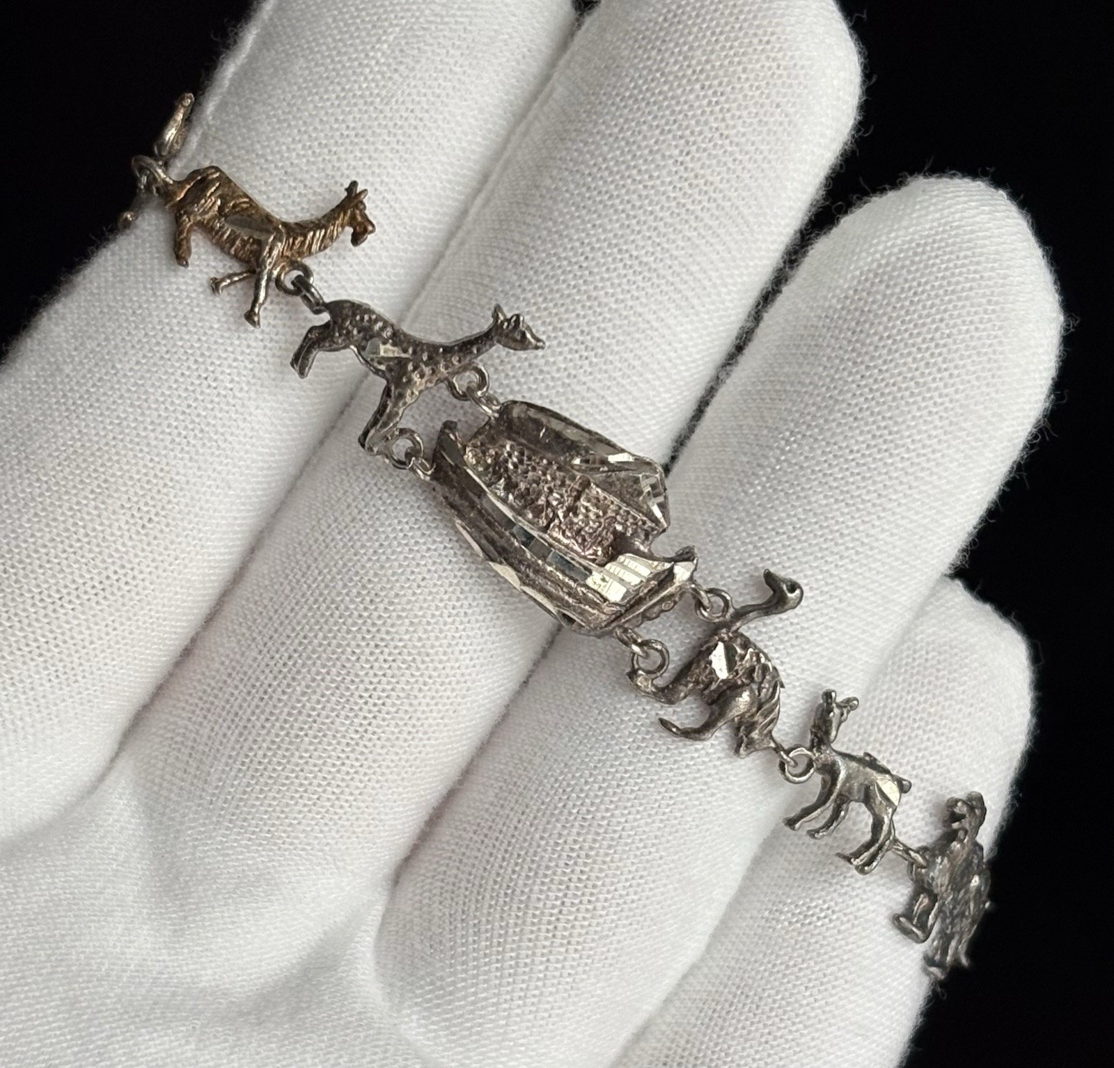 VTG Sterling Silver Noah’s Ark Bracelet 7.5in Diamond Cut LOVELY Ladies 925 JT
