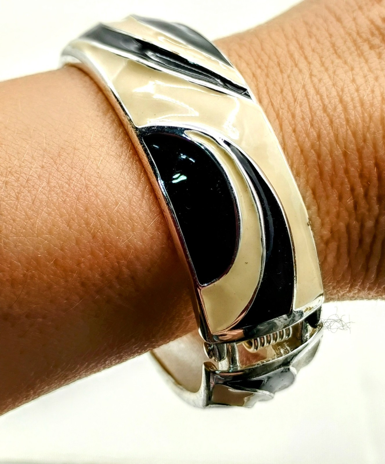 Enamel Bracelets Hinged Green with Gold & Beige W/ Black/ Silver 1970s To 1980s