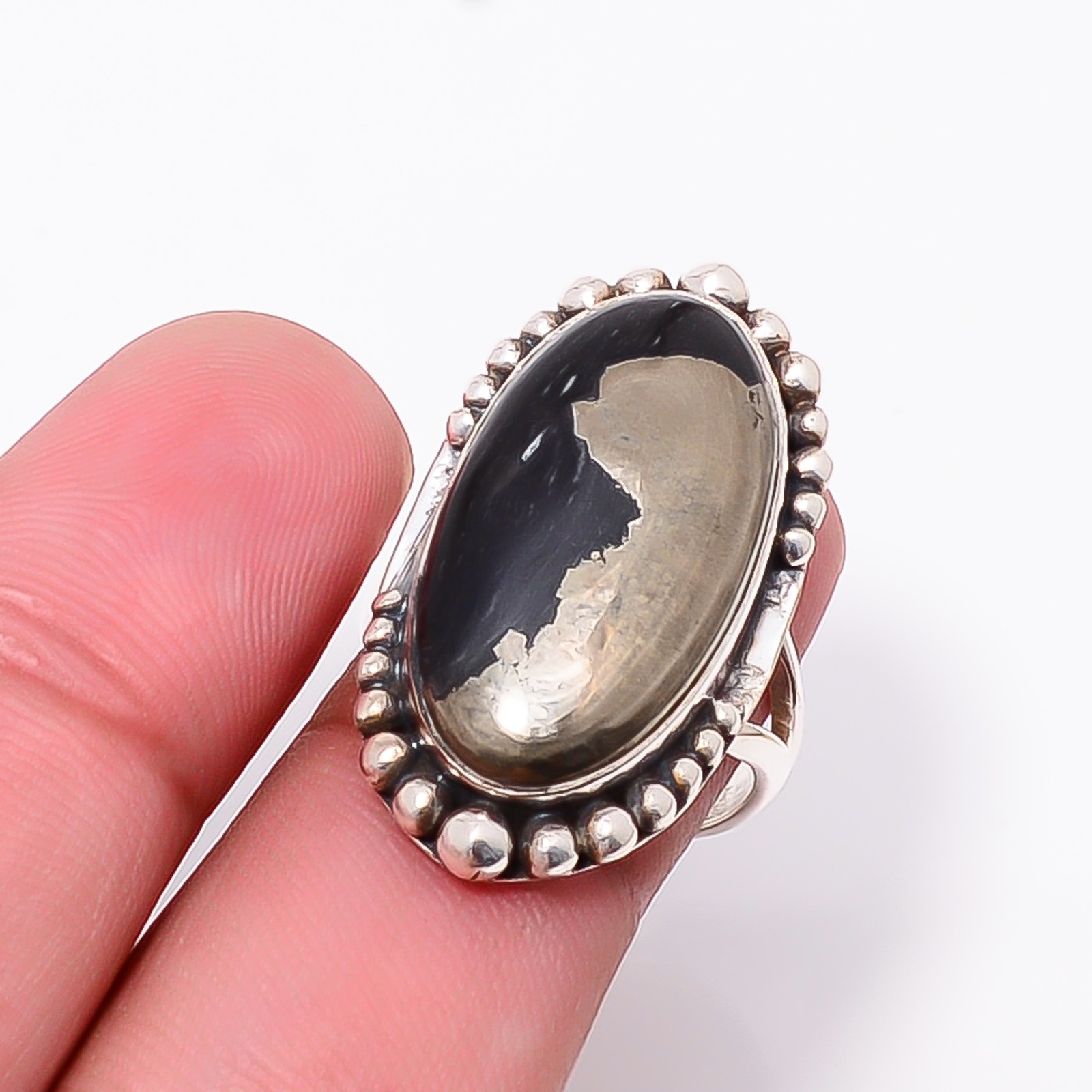 Healer’S Gold Pyrite In Magnetite Gemstone 925 Sterling Silver Ring S.7 R124832