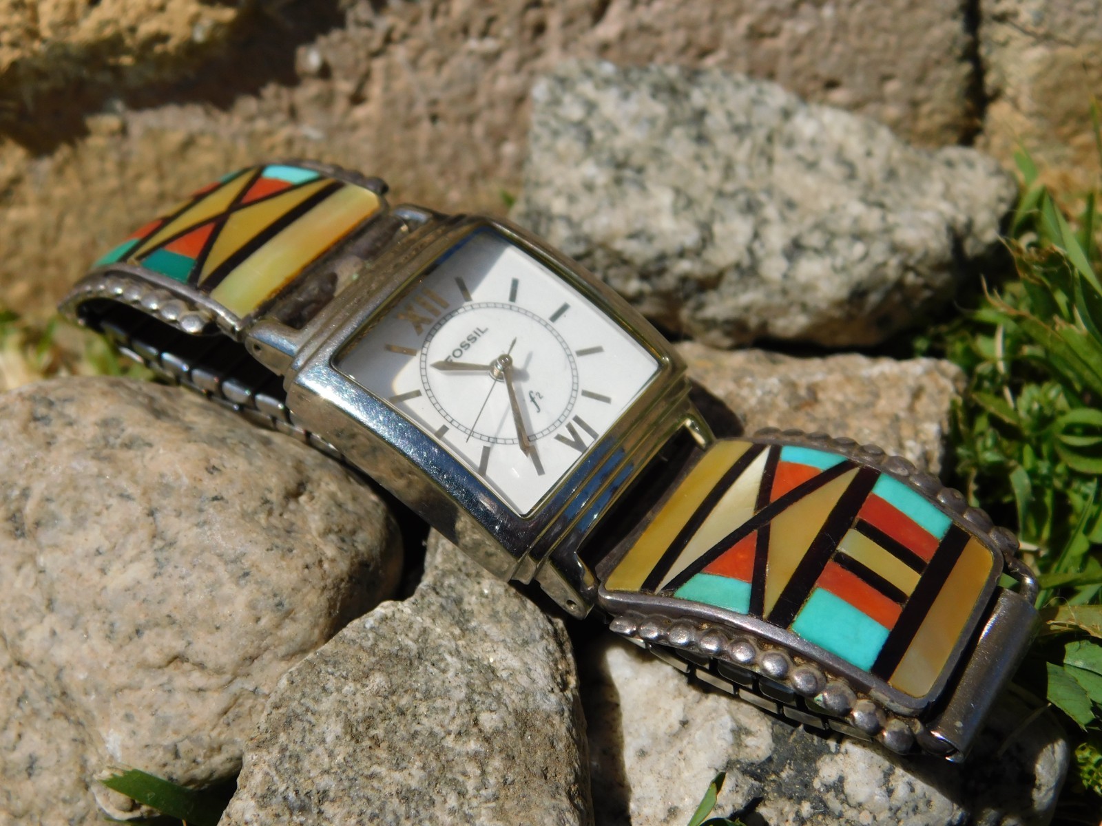 Herbert & Ester Cellicion Zuni Sterling Silver Multi Gemstone Flush Watch Tips