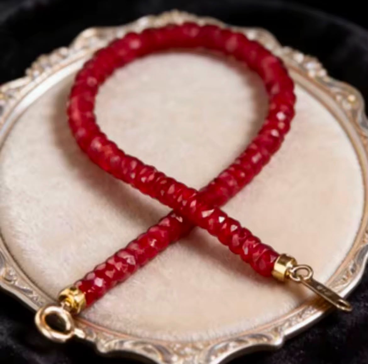 Natural Red Ruby 2x4mm Faceted Beaded Necklace Gold Clasp Gemstone Choker