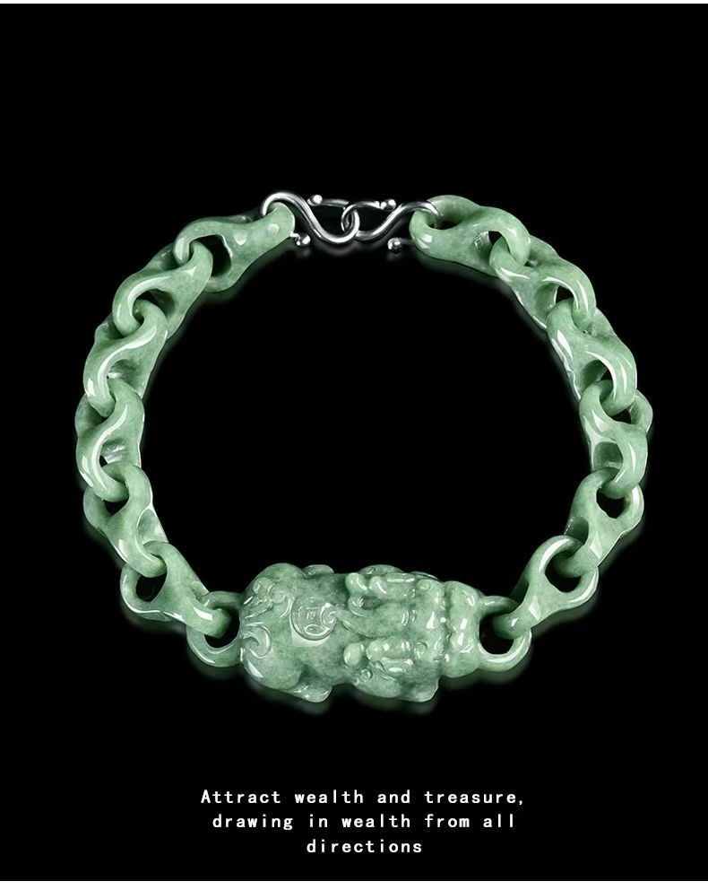 Real Grade A Natural Green Jade Jadeite PIXIU Anchor Link Bracelet 貔貅7.5-7.9inch