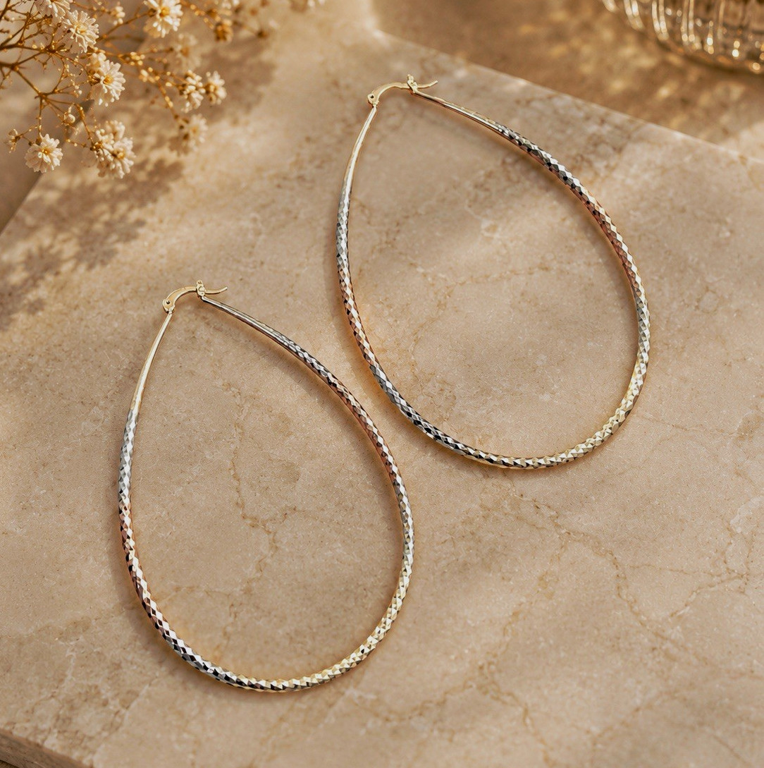 Two-Tone Teardrop Hoop Earrings Metal No Stone Gold Silver Tone Hoop Wire