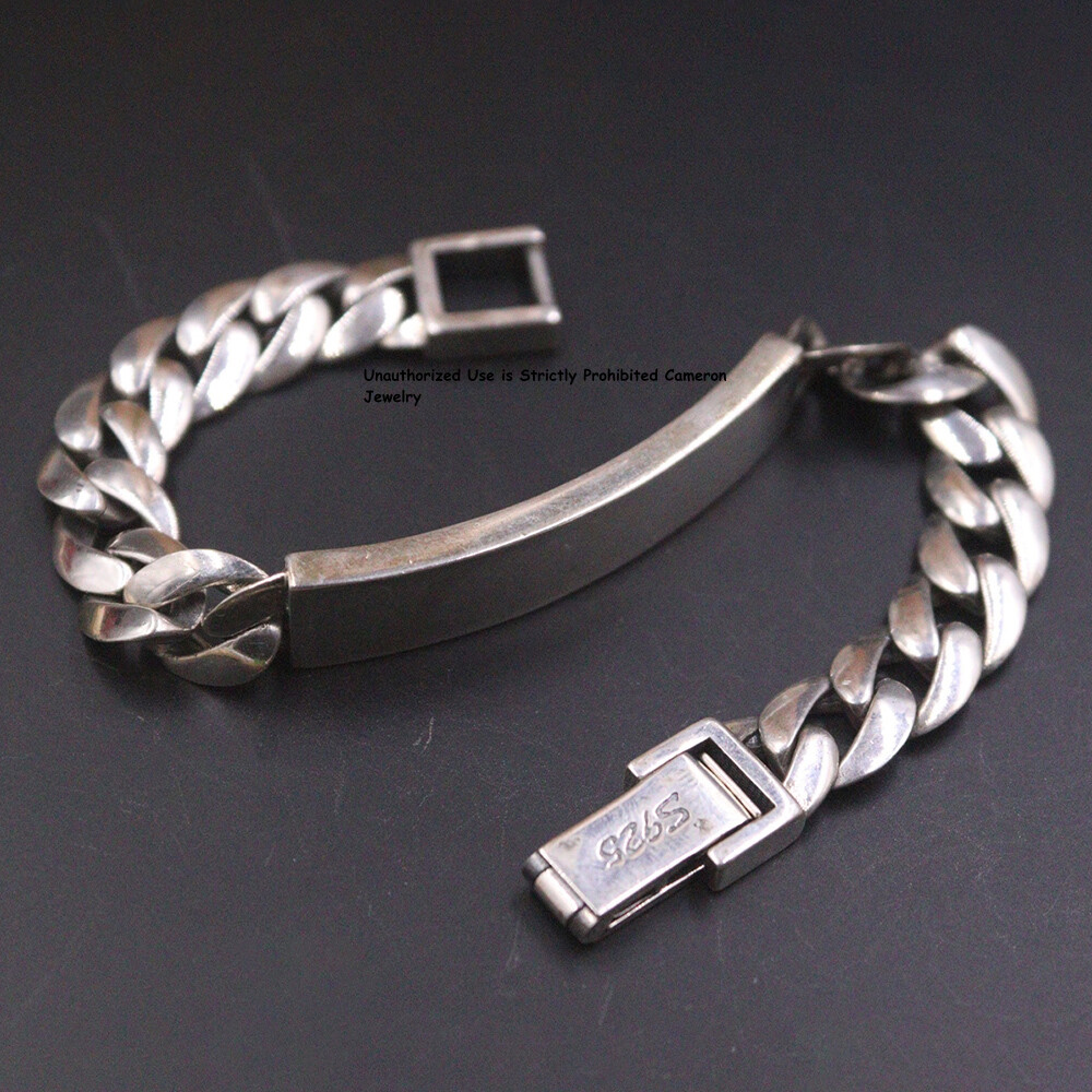 Pure S925 Sterling Silver Chain 9mm Cuban Curb ID Link Bracelet 30-32g 7.48inch