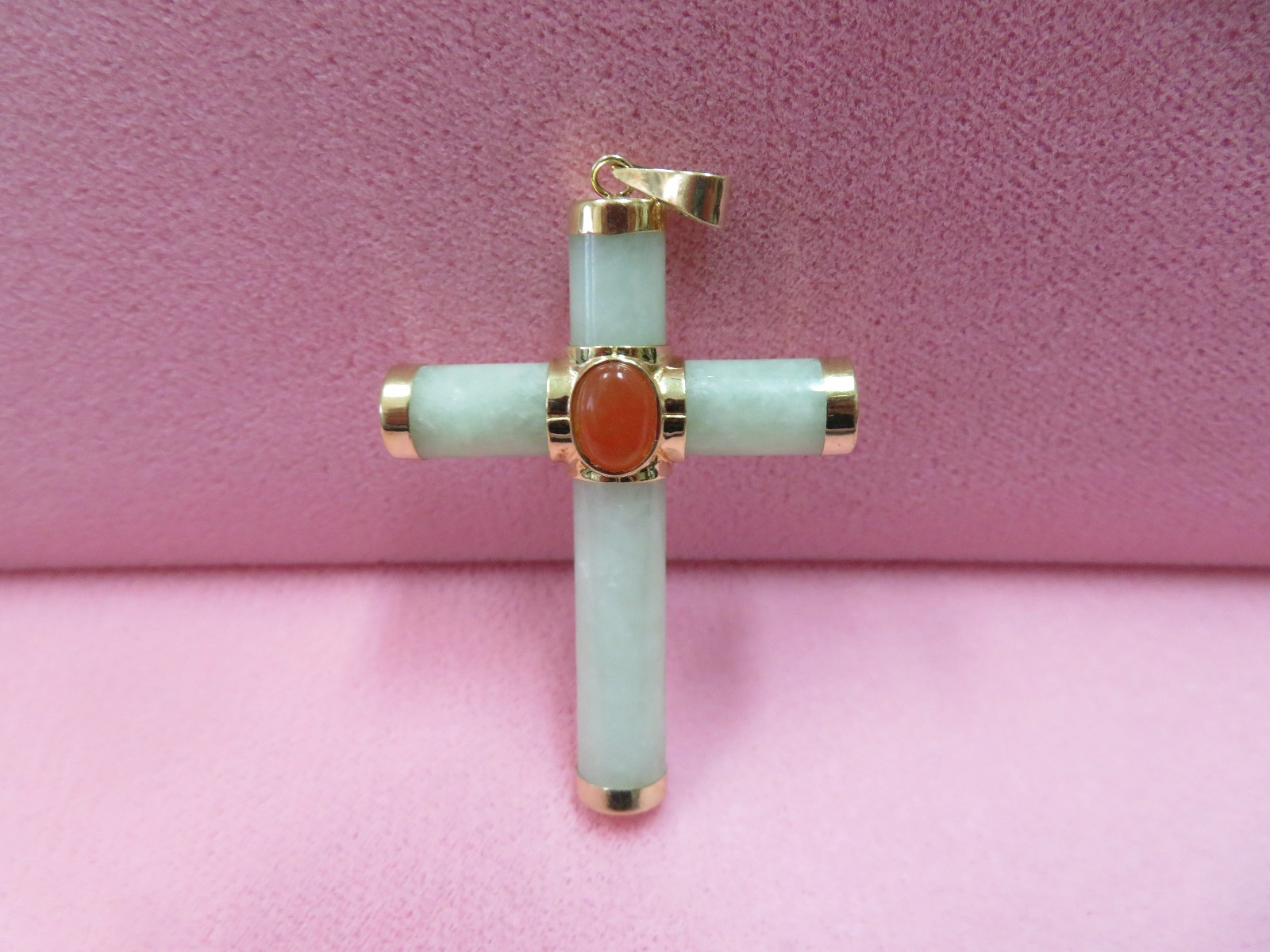 Large 14k Yellow Gold Green Orange Lavender Jade Cross Pendant 10 Grams