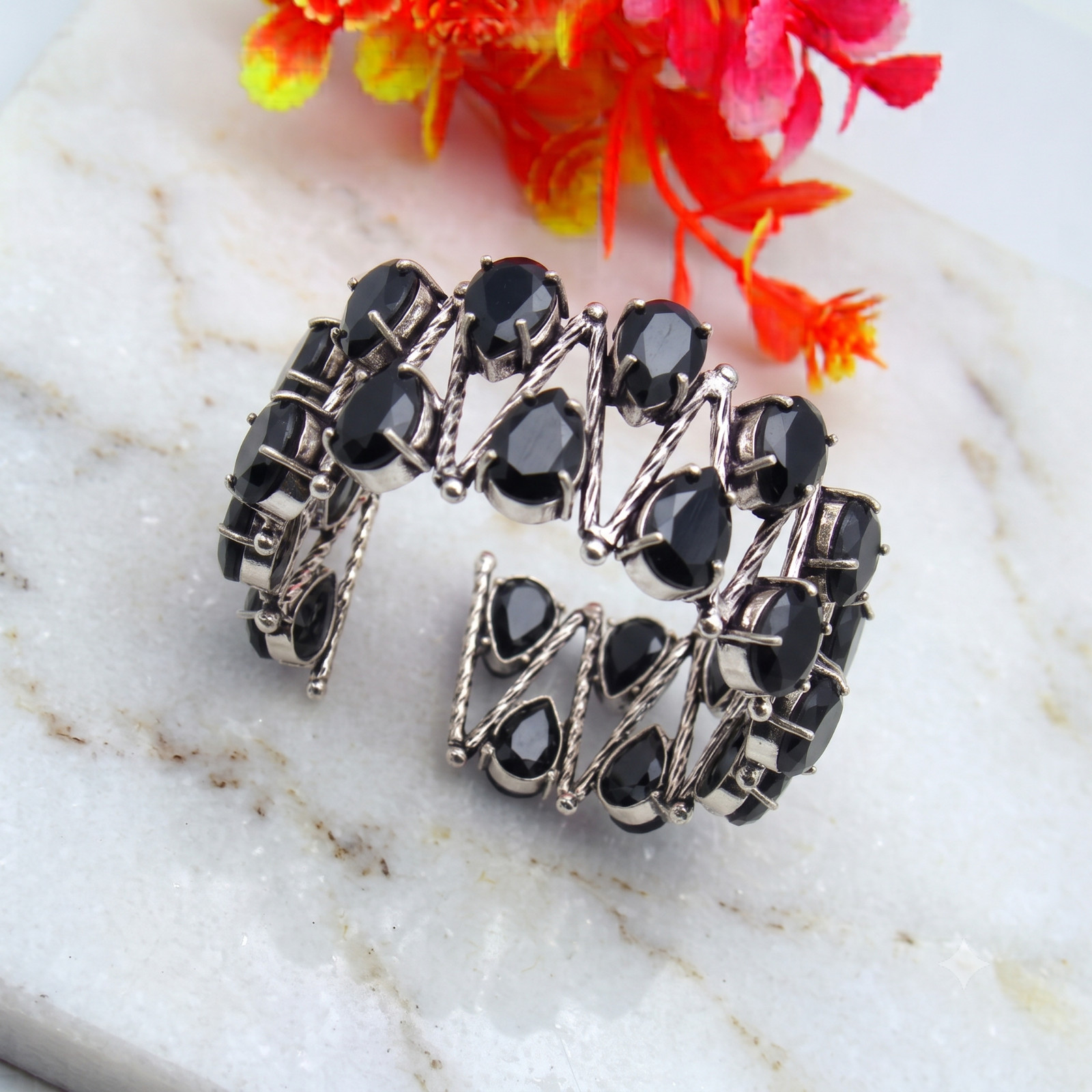 Black Spinel Gemstone Handmade 925 Sterling Silver Cuff Bracelet Jewelry ADJ 8″