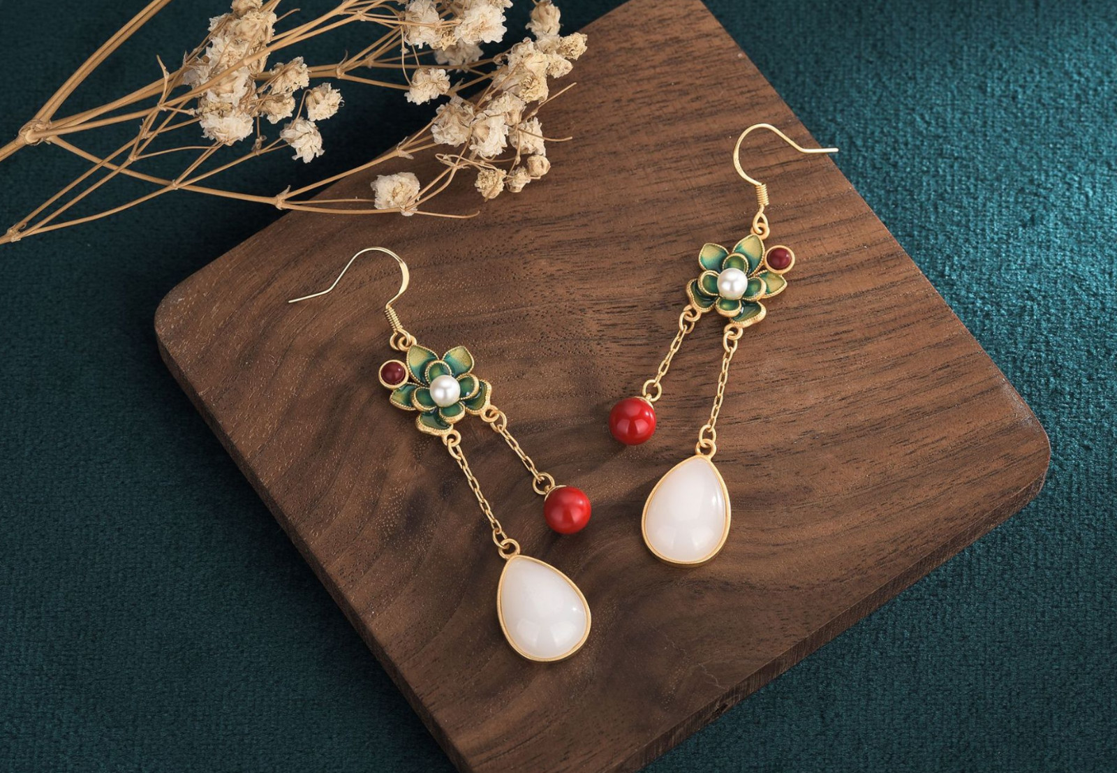 Jade Bohemian Drop Dangle Earrings Flower Dainty Gemstone Hook 18K Gold Plated