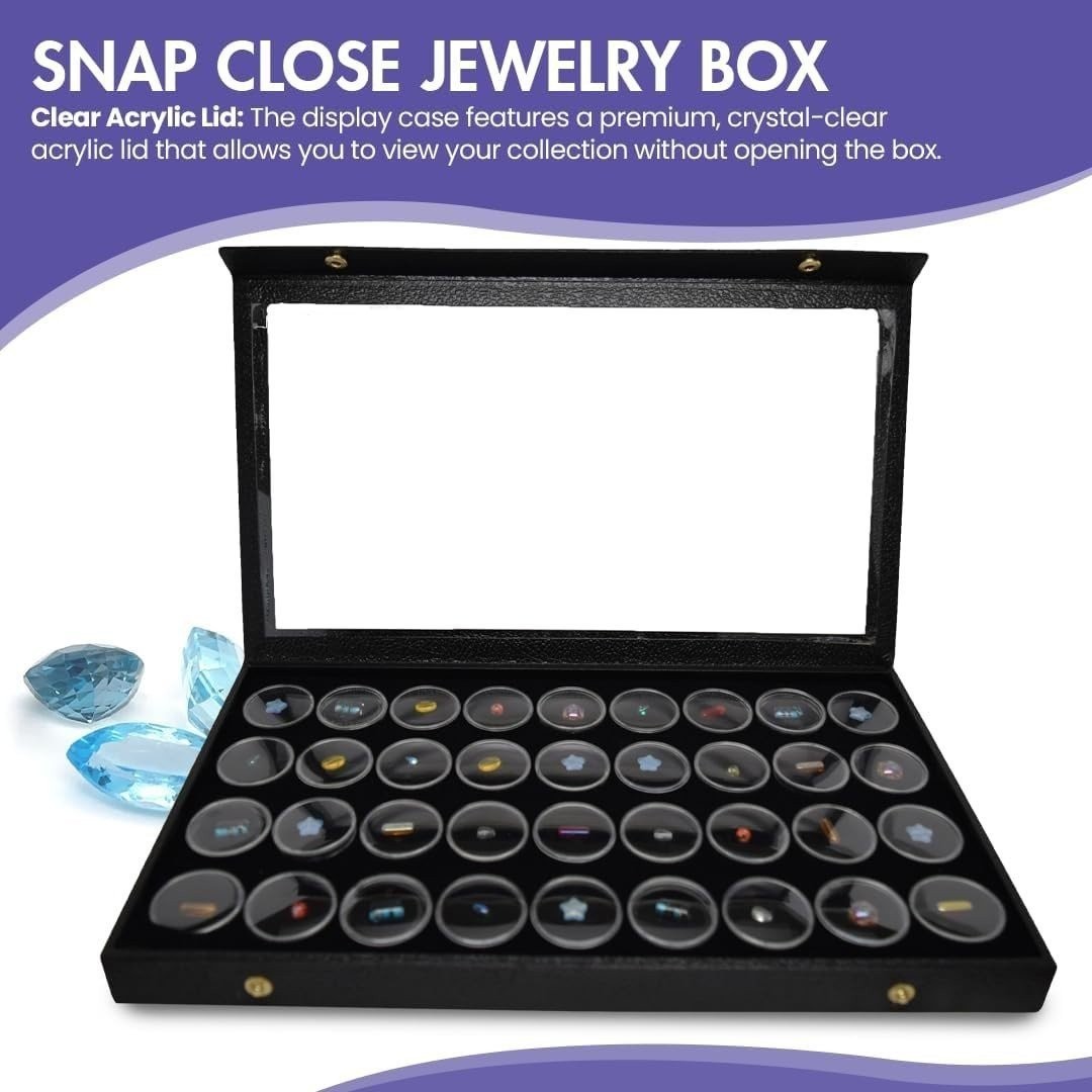 Large Jewelry Display Case 14.75×8.25 + 36 Gem Jars Clear Lid Black Foam Tray