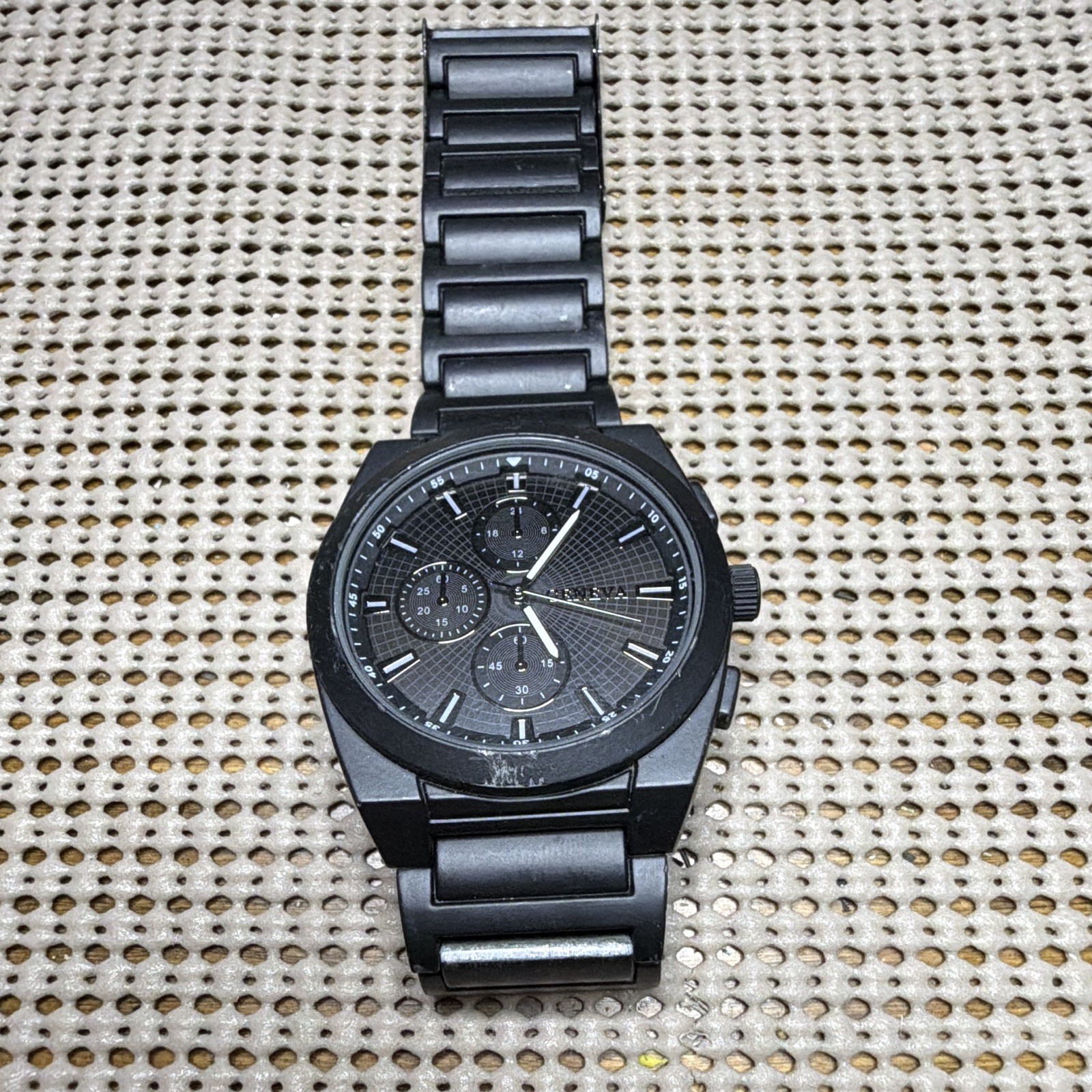 Geneva Quartz Chronograph Analog Watch Black Dial Stick Indexes Metal Bracelet