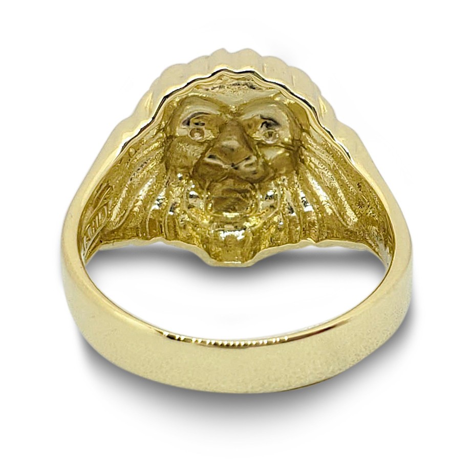 Solid 14K Yellow Gold Mens Lion Ring with Diamond Eyes Size 5 – 15