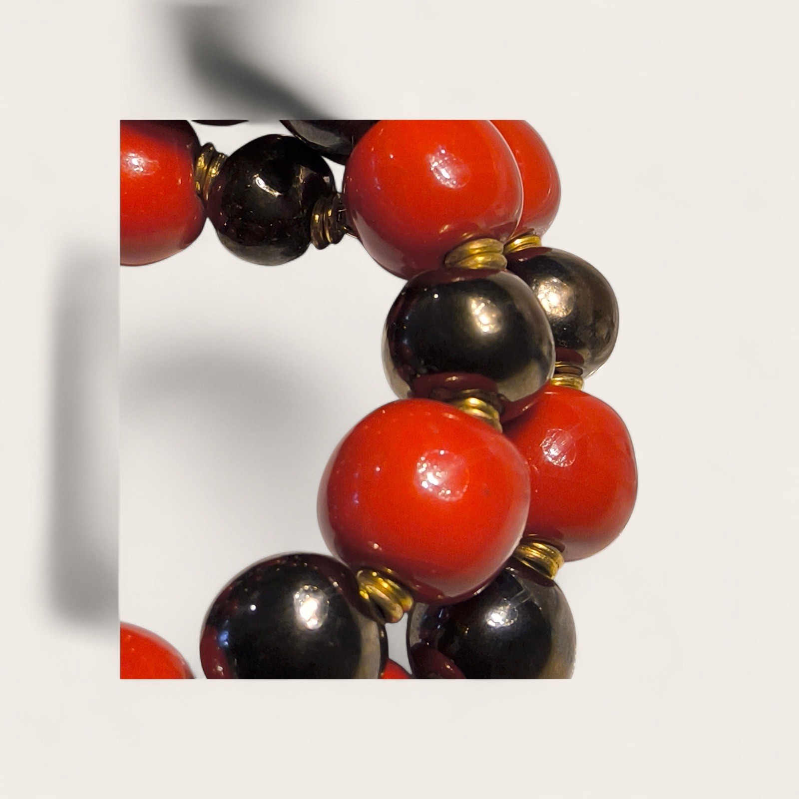 Hematite & Red Bead Memory Wire Wrap Bracelet Gold Tone Stack Statement