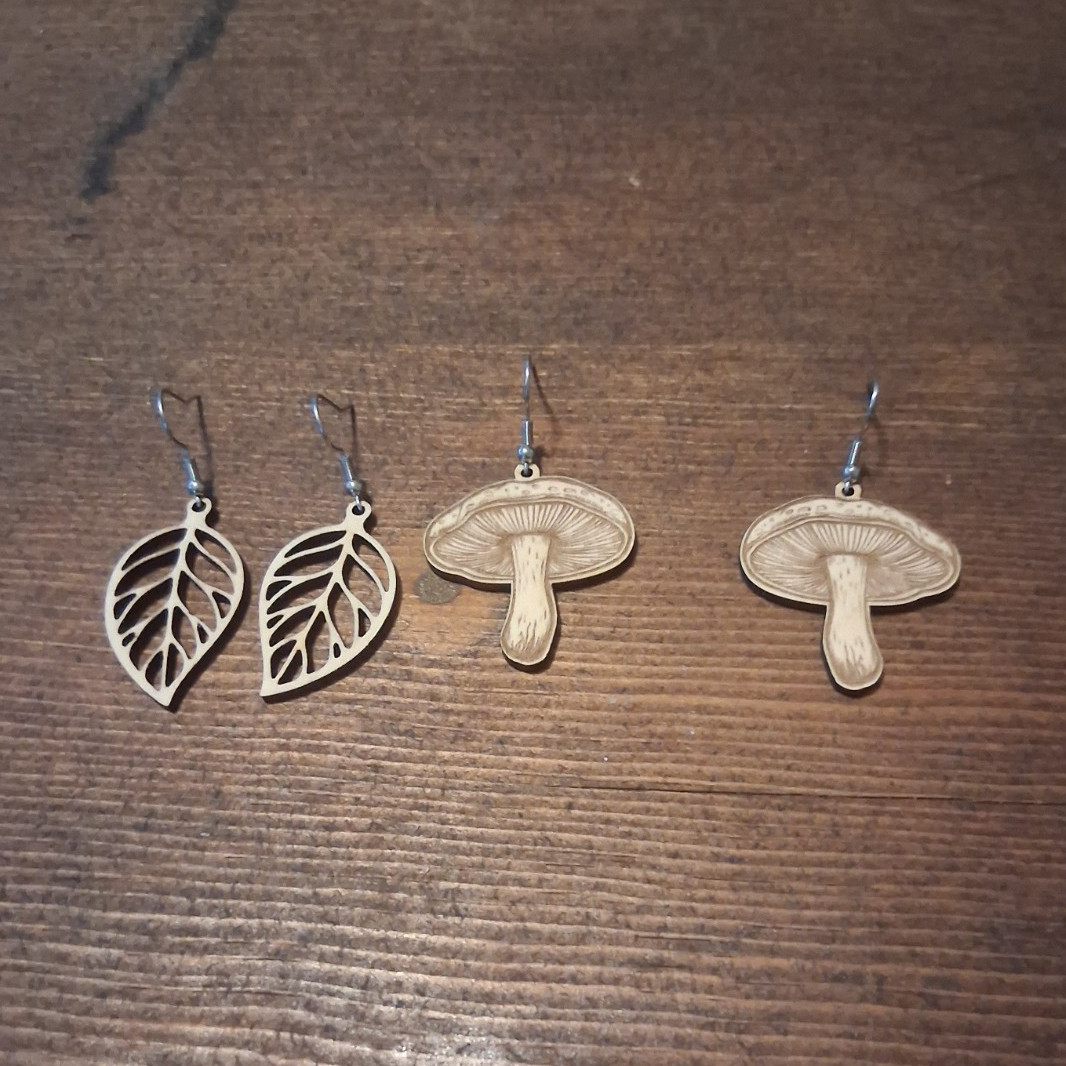 Custom Laser Cut Wood Dangle/Drop Hook Earrings Nature Leaf & Mushroom Design.