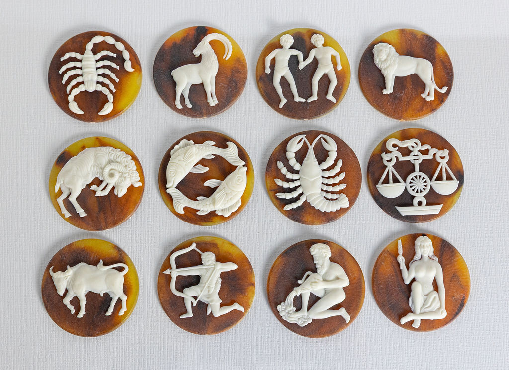 12 VINTAGE New Astrology Birth Signs of Zodiac 44.2 mm Molded Cabochons Cameo
