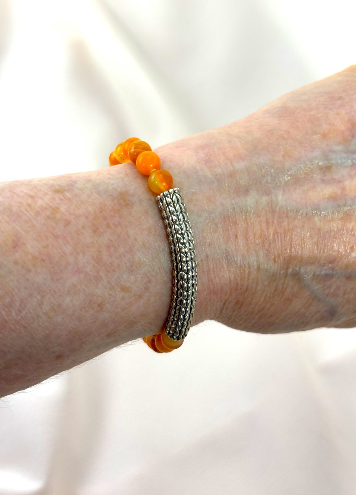 JAI Sterling Silver Orange Agate Bead Bracelet 7″ Long Size X-Small