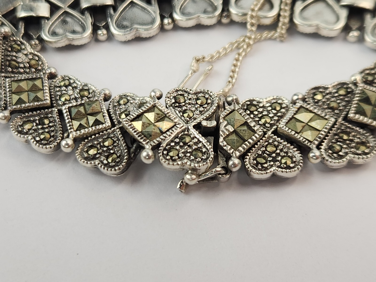 Thai Sterling Silver 925 Marcasite Heart Bracelet 7.5 In – THAI KC 925 – HSNO