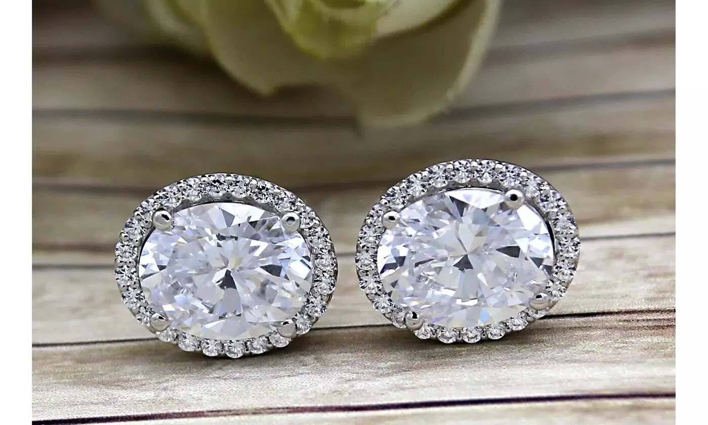 18k White Gold Plated Oval Cut Halo Stud Earrings Made With Swarovski Elements