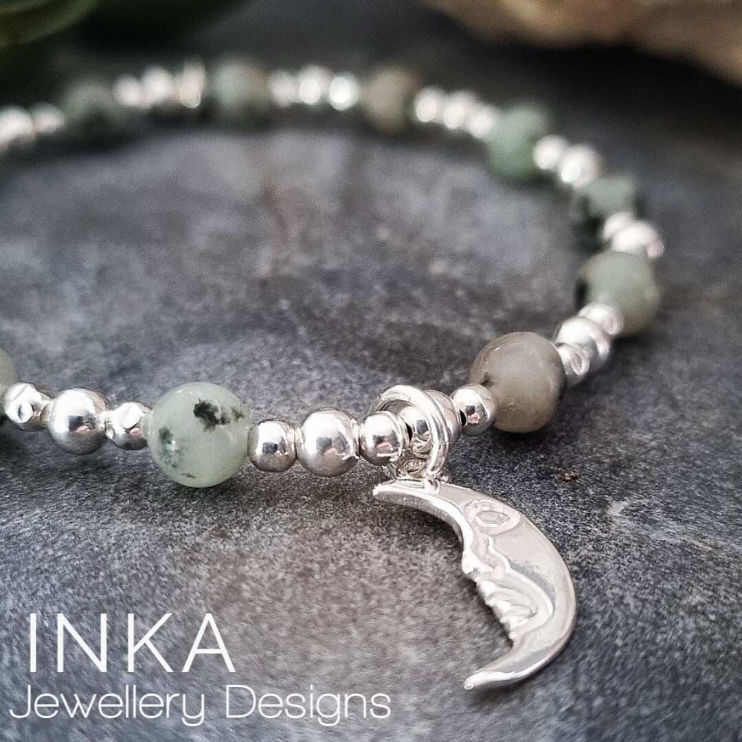 Sterling Silver bead Stack Bracelet with Kiwi Jasper and 925 Moon Charm INKA