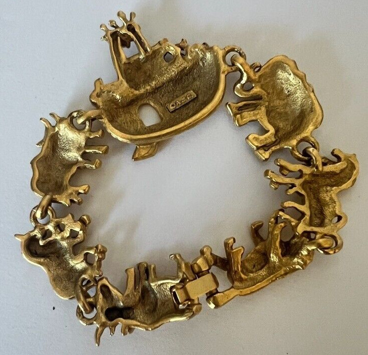 AJC Vintage Noah’s Ark Bracelet Brushed Gold Animals Signed NOS 1980s Noahs 6.5″