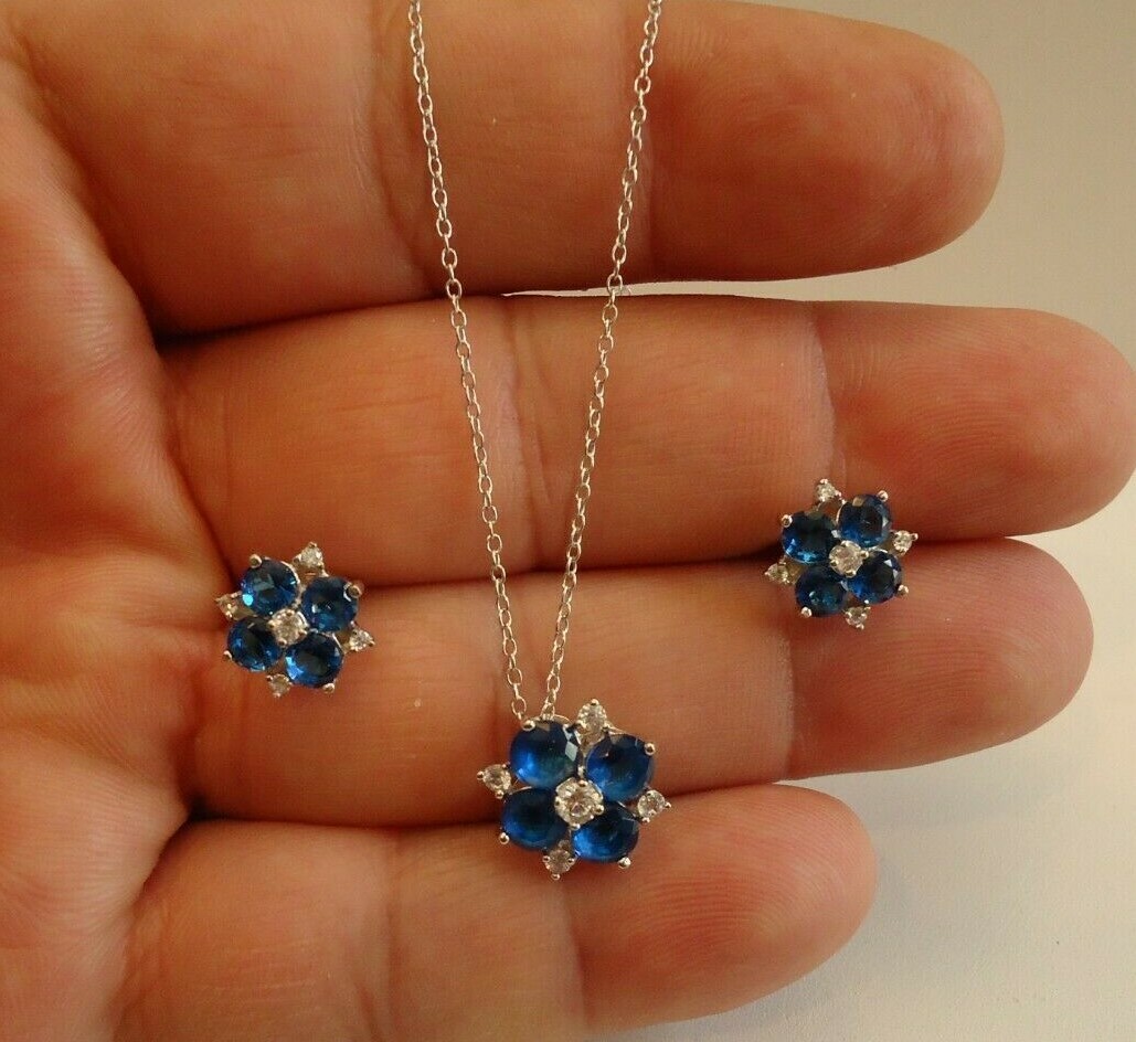 FLOWER DESIGN EARRING & NECKLACE PENDANT SET W/ LAB ACCENTS & TANZANITE/ 18”