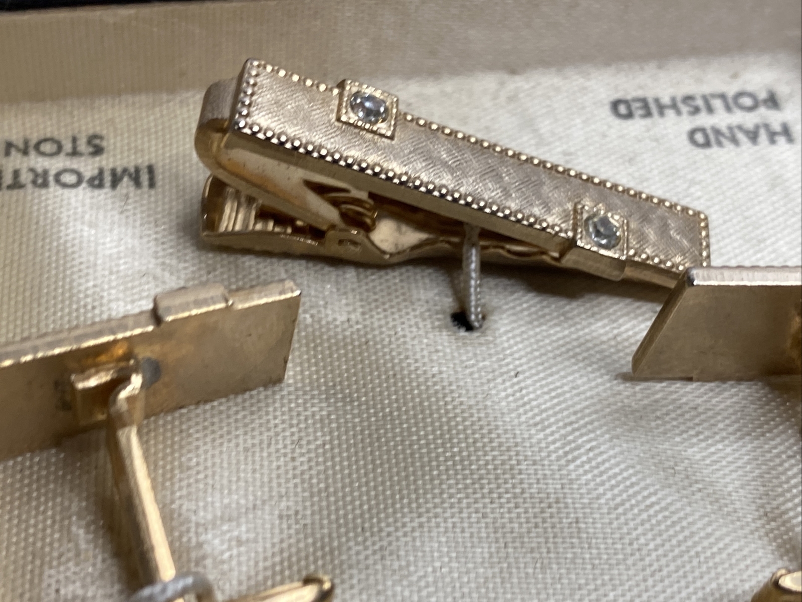 Vintage New 3 pc Set Tie Clip + Cufflinks Hand Polished Goldtone Imported Stones