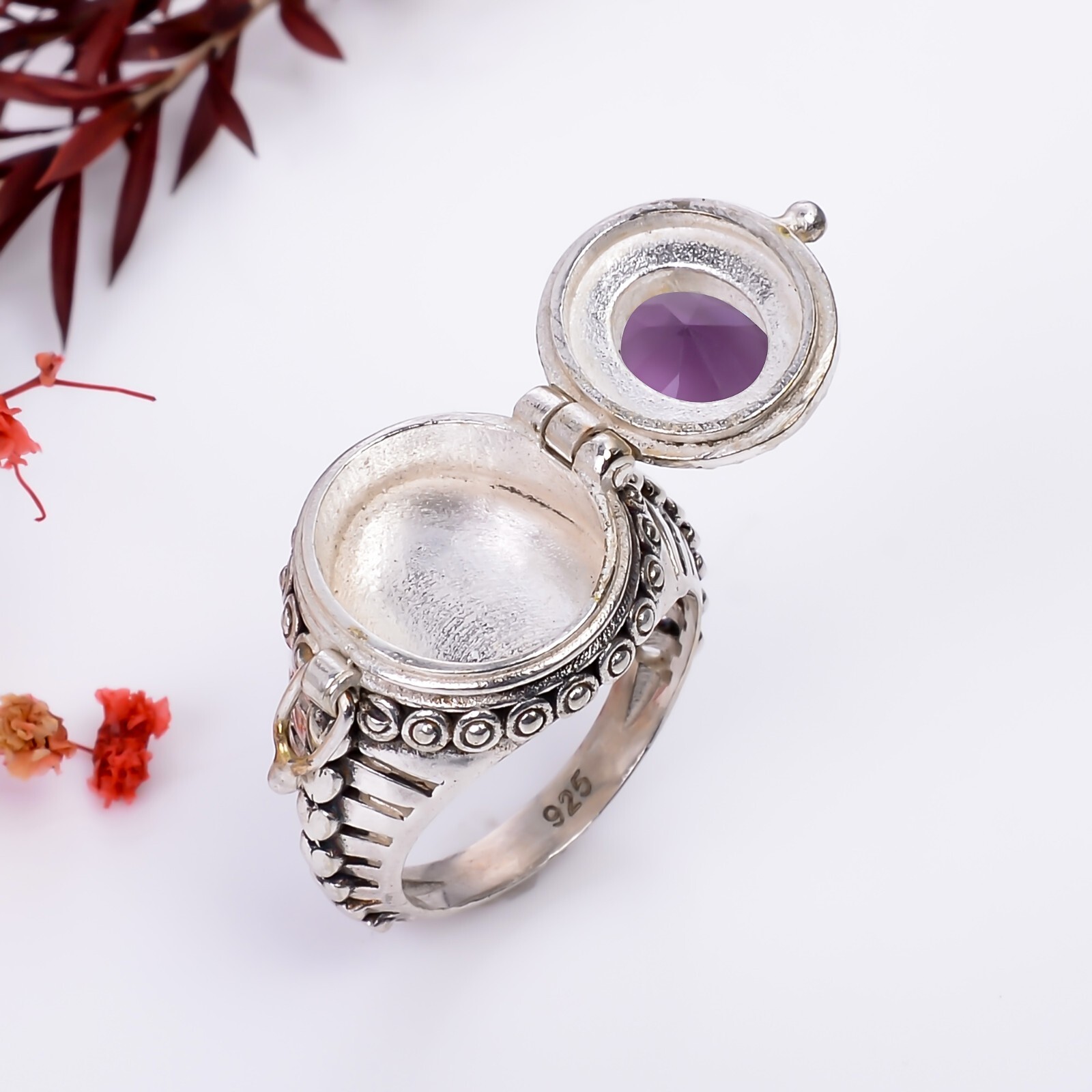 Amethyst Gemstone Handmade Poison Ring 925 Sterling Silver Amethyst Poison Ring.